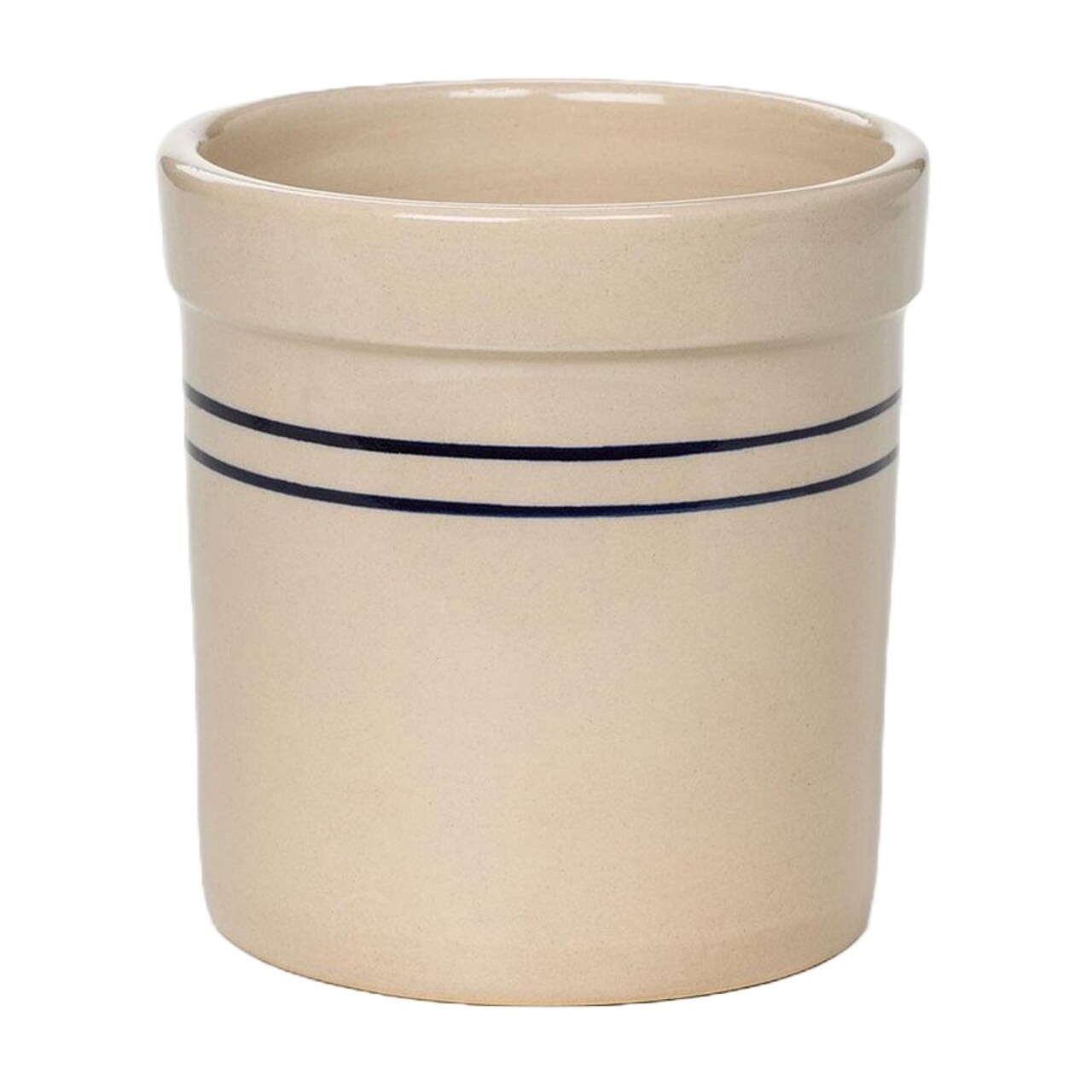Martinez Pottery Pickling Fermenting Crock - Tan with Blue Stripe Stoneware Jar, 1/2 Gallon Capacity